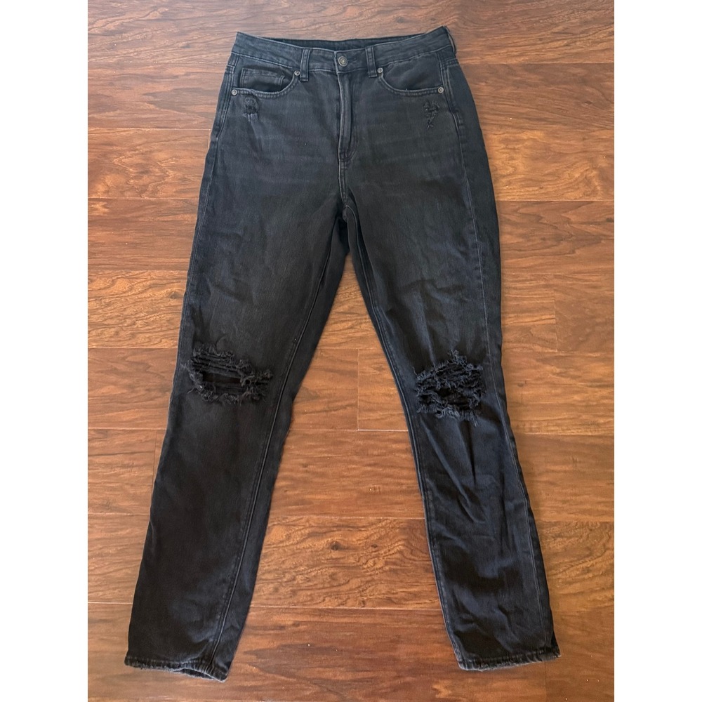 American Eagle • Mom Jeans Black Distressed High Waisted Stretch‎ Denim 6 Long